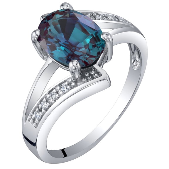 PEORA Created Alexandrite and Genuine Diamond Solitaire Bypass Ring for Women 14K White Gold, Color Changing 1.50 Carats Oval Shape 8x6mm, Size 5