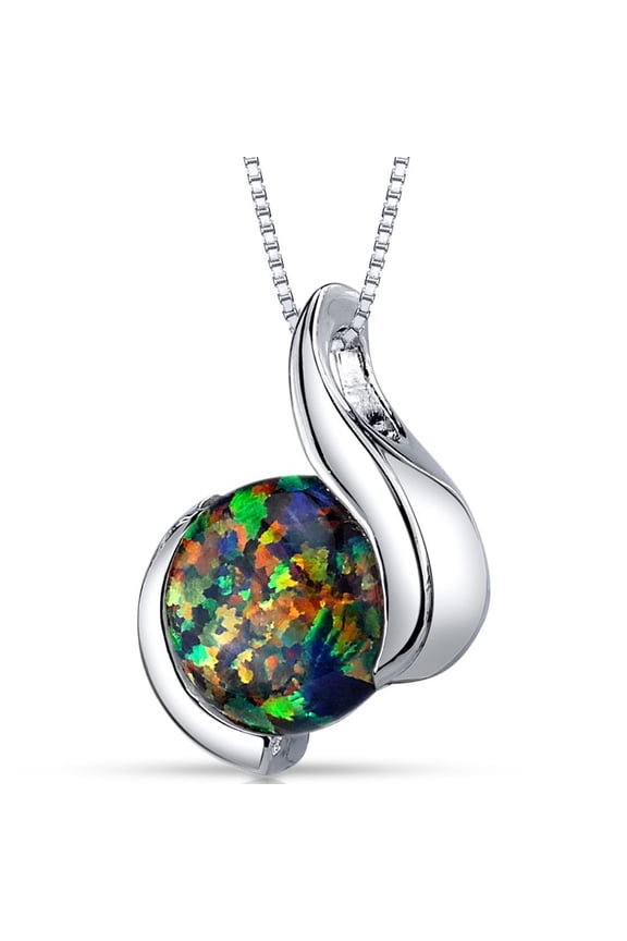 Created Black Fire Opal Iris Solitaire Pendant Necklace for Women 925 Sterling Silver, 1.75 Carats Round Shape 8mm, with 18 inch Chain