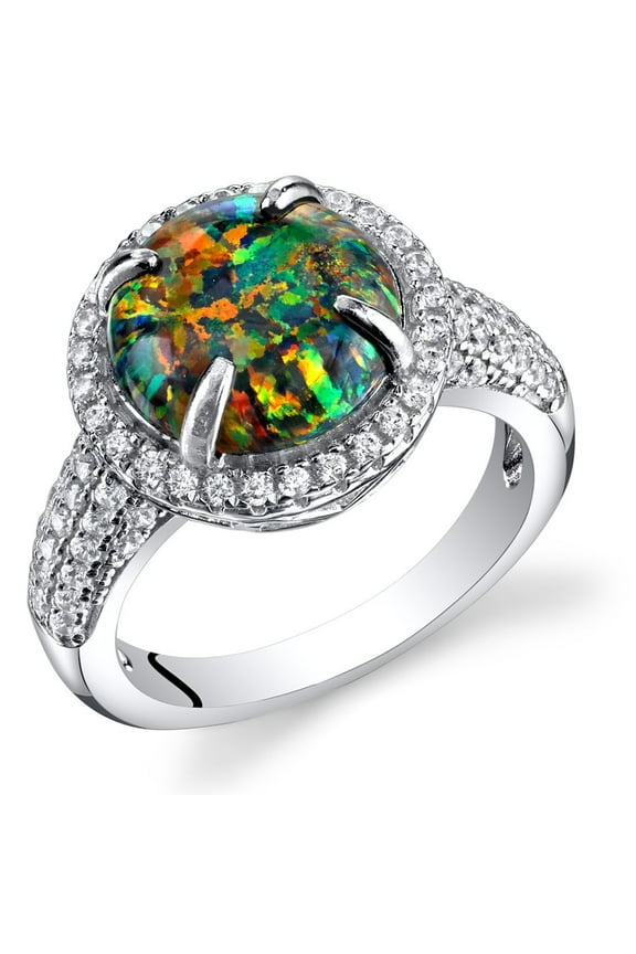 Created Black Fire Opal Ring for Women in Sterling Silver, Victorian Vintage Design, 1.25 Carats Round Cabochon, Comfort Fit, Size 8, October Birthstone Opal Jewelry, Fire Opal Jewelry
