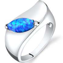 PEORA Created Blue Fire Opal Museum Solitaire Ring for Women 925 Sterling Silver, 0.75 Carat Marquise Shape 10x5mm, Size 5