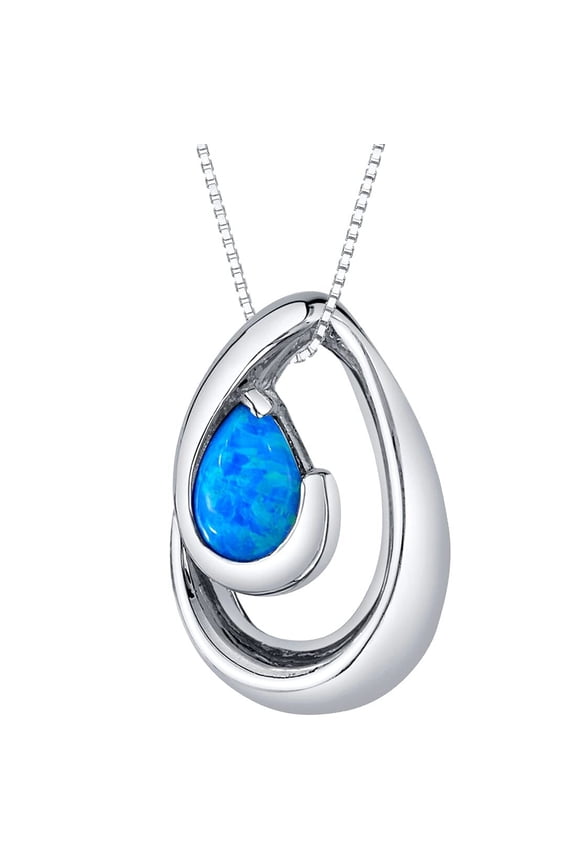 Created Blue Opal Pendant Necklace in Sterling Silver, Wave Solitaire, Pear Shape, 7x5mm, 1 Carat with 18 inch Chain