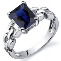 PEORA Created Blue Sapphire Chain Link Ring for Women 925 Sterling Silver, 2 Carats Radiant Cut 8x6mm, Size 7