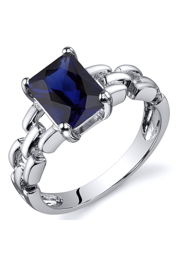 Created Blue Sapphire Chain Link Ring for Women 925 Sterling Silver, 2 Carats Radiant Cut 8x6mm, Size 5