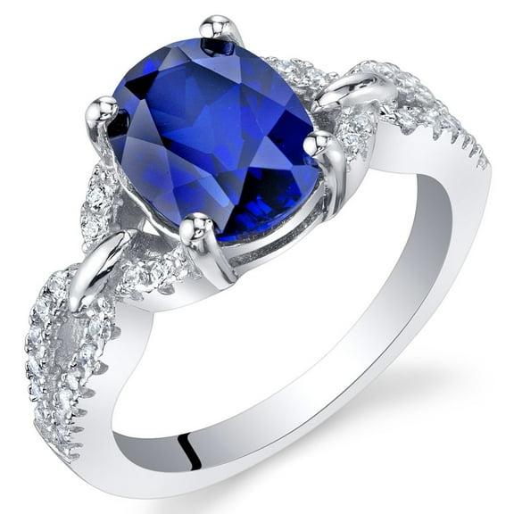 PEORA Created Blue Sapphire Forever Ring for Women 925 Sterling Silver, 2.50 Carats Oval Shape 9x7mm, Size 6, Sparkling Blue Sapphire Promise, Engagement or Anniversary Ring for Women