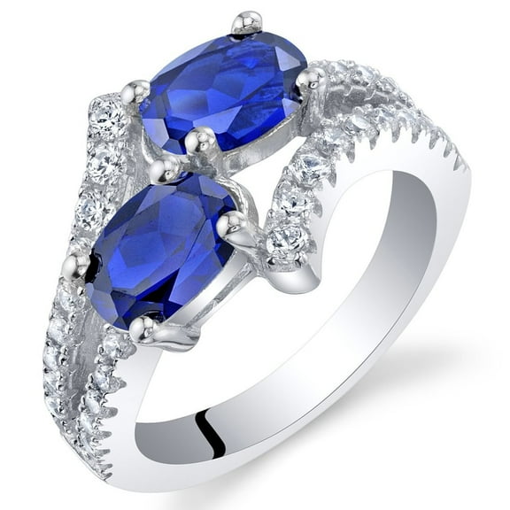 PEORA Created Blue Sapphire Forever Us Two-Stone Ring for Women 925 Sterling Silver, 2 Carats Oval Shape 7x5mm, Size 7