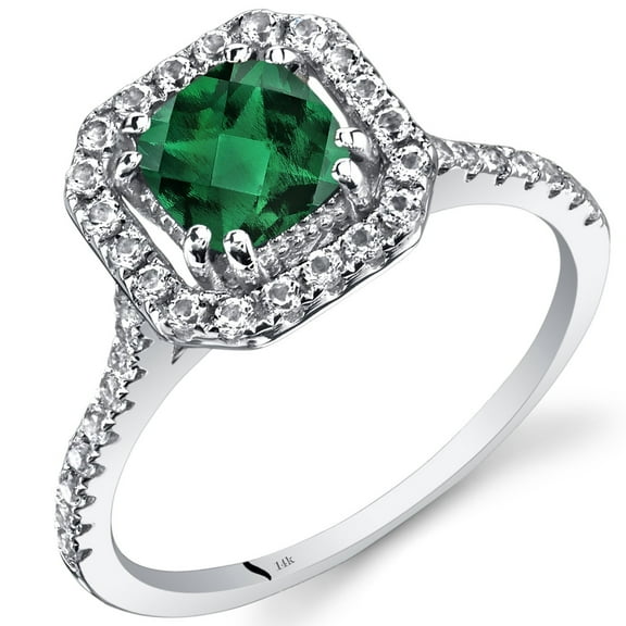 PEORA Created Emerald Ring for Women 14K White Gold with Genuine White Topaz, 0.75 Carat Cushion Cut 6mm, Halo Design, Size 6