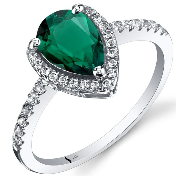 PEORA Created Emerald Teardrop Halo Ring for Women 14K White Gold with Genuine White Topaz, 1.25 Carats Pear Shape 9x6mm, Size 5