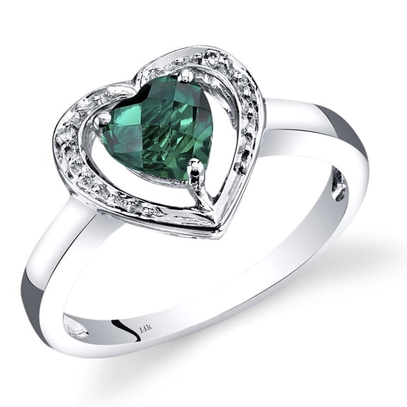 PEORA Created Emerald and Genuine Diamond Heart on Heart Ring for Women 14K White Gold, 0.75 Carat, AAA Grade, Comfort Fit