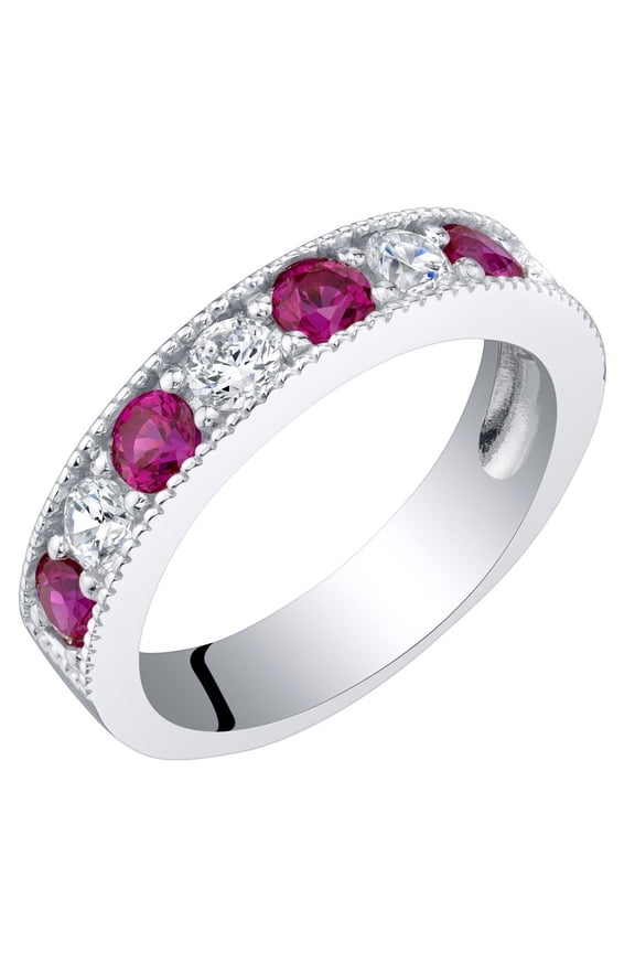 Created Ruby 4mm Milgrain Half-Eternity Anniversary Wedding Ring Band for Women 925 Sterling Silver, 0.75 Carat total Round Shape, Size 8