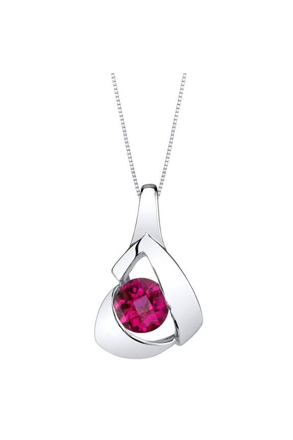 Created Ruby Pendant Necklace for Women Sterling Silver, Chiseled Solitaire, 1.25 Carats Round Shape 6mm, with 18 inch Italian Chain