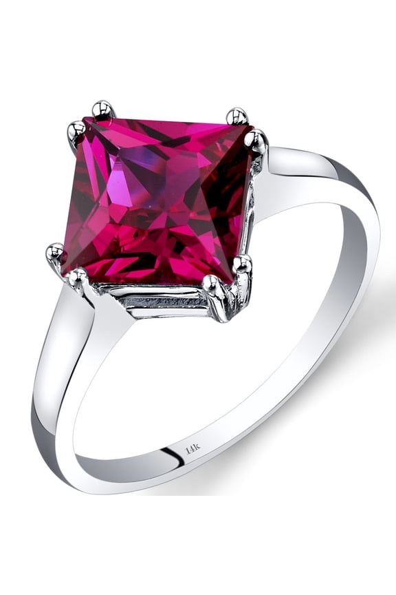 Created Ruby Solitaire Ring for Women 14K White Gold, 3.25 Carats Princess Cut 8mm, Size 7