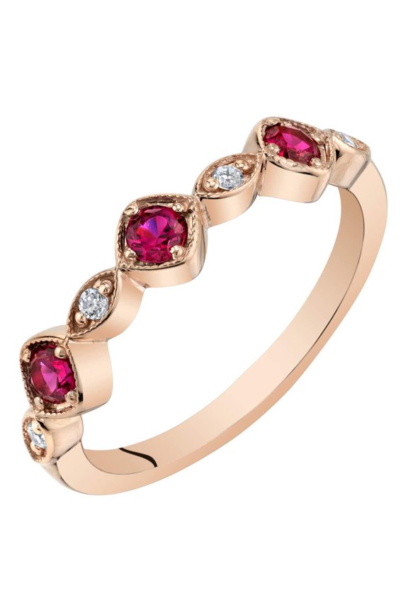 Created Ruby Stackable Ring in Rose Tone Sterling Silver, Marquise and Round Band for Women, 2mm Size 6