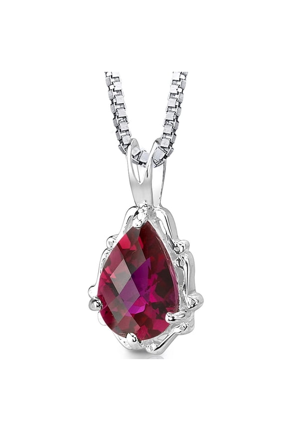 Created Ruby Vintage Teardrop Pendant Necklace for Women 925 Sterling Silver, 2.25 Carats Pear Shape 10x7mm, with 18 inch Chain