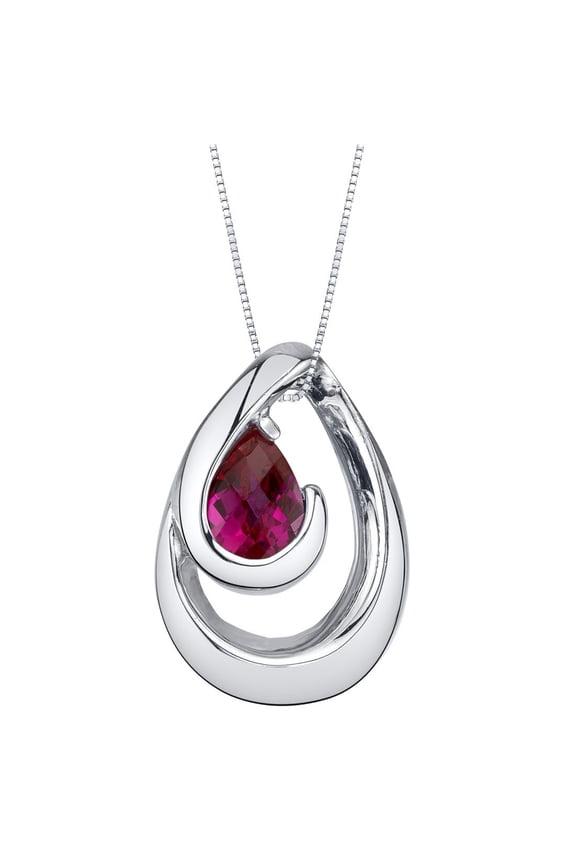 Created Ruby Wave Solitaire Pendant Necklace for Women Sterling Silver, 1 Carat Teardrop Pear Shape 7x5mm, with 18 inch Italian Chain