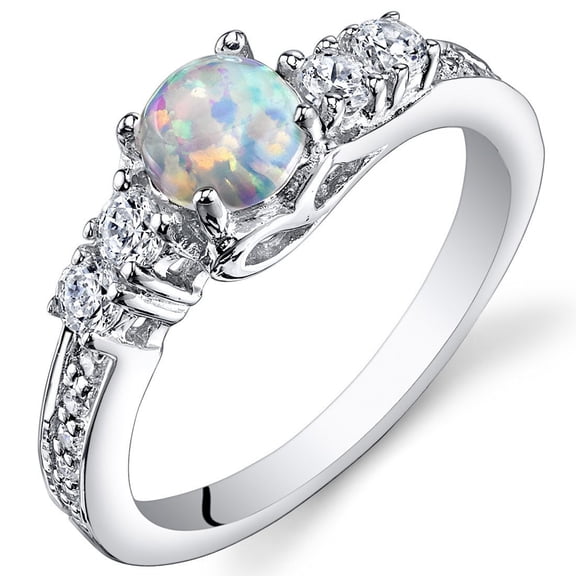 PEORA Created White Fire Opal Ring 925 Sterling Silver, Sweetheart Solitaire, Round Shape Cabochon, Comfort Fit, Size 5