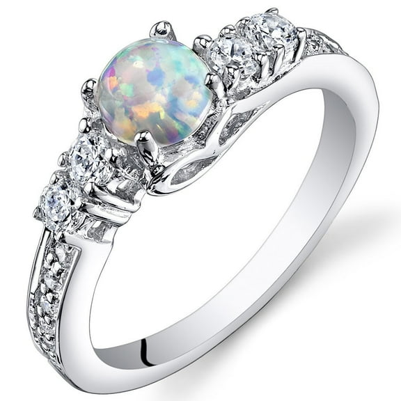 PEORA Created White Fire Opal Ring 925 Sterling Silver, Sweetheart Solitaire, Round Shape Cabochon, Comfort Fit, Size 9