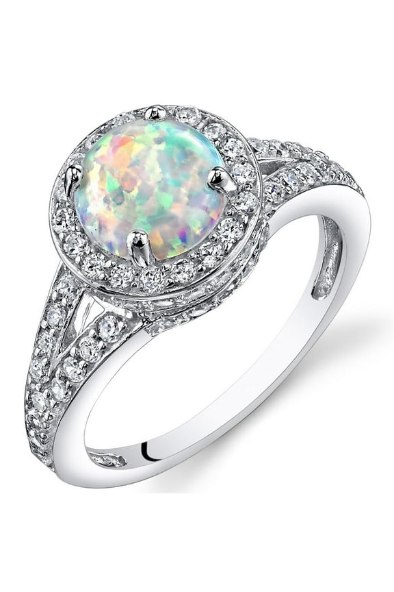 Created White Fire Opal Ring for Women 925 Sterling Silver, Vintage Halo Design, 1.25 Carats Round Shape 7mm Size 8