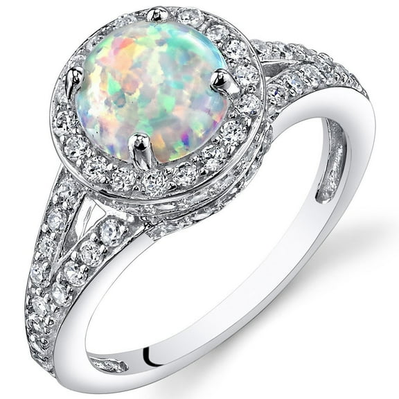 PEORA Created White Fire Opal Ring for Women 925 Sterling Silver, Vintage Halo Design, 1.25 Carats Round Shape 7mm Size 8