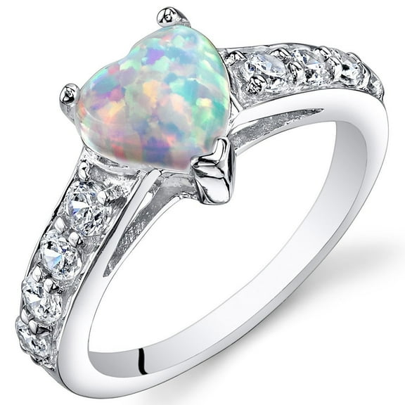 PEORA Created White Fire Opal Sweetheart Ring for Women 925 Sterling Silver, 1 Carat Heart Shape 7mm, Comfort Fit, Size 9