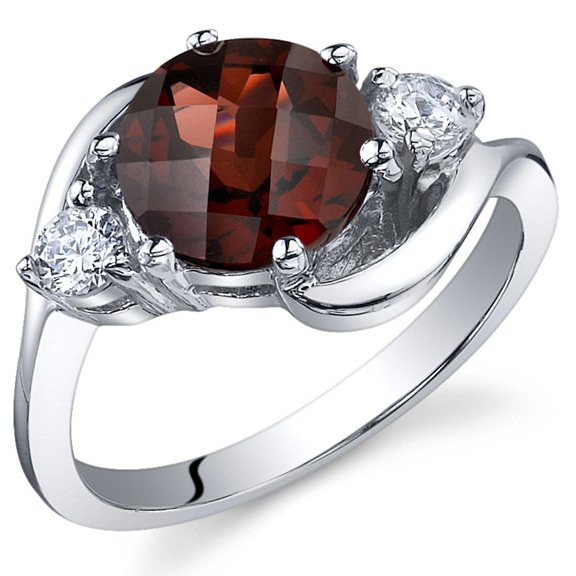 PEORA Garnet 3-Stone Ring for Women 925 Sterling Silver, Natural Gemstone, 2.25 Carats Round Shape 8mm, Size 6, Engagement, Promise, Statement Ring, Jewelry Gift, w/Jewelry Box