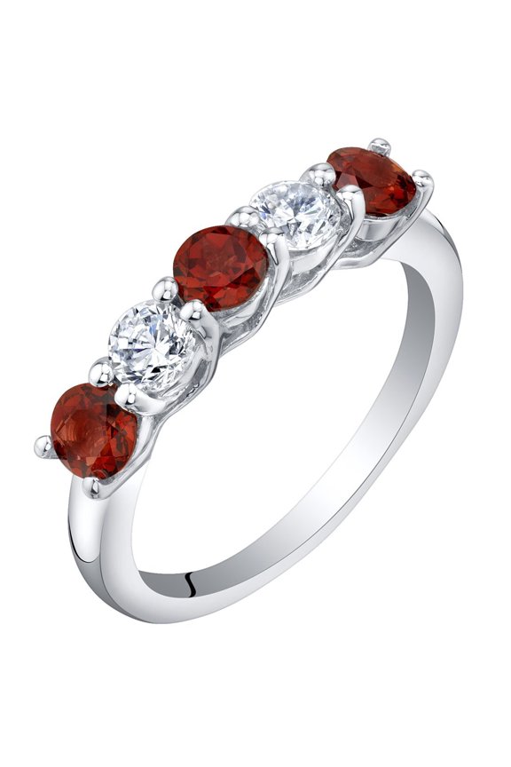 Garnet Five-Stone Trellis Ring Band for Women, Natural Gemstone, 0.75 Carat total Round Shape, Size 8, Wedding, Anniversary, Stacking Ring, For Gifts & Everyday Wear, Jewelry Gift