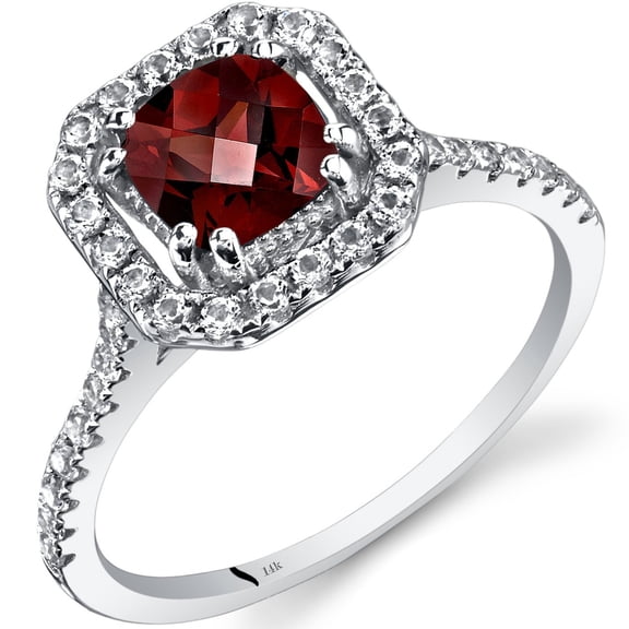 PEORA Garnet Ring for Women 14K White Gold with White Topaz, Genuine Gemstone, 1.38 Carats total Cushion Cut 6mm, Halo Design, Size 5