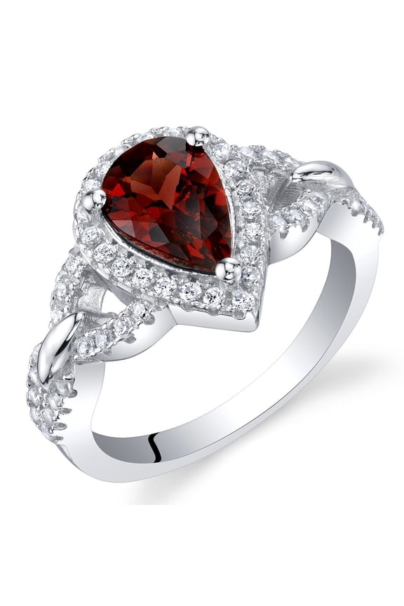 Garnet Teardrop Crest Ring for Women 925 Sterling Silver, Natural Gemstone, 1.50 Carats Pear Shape 9x6mm, Size 9