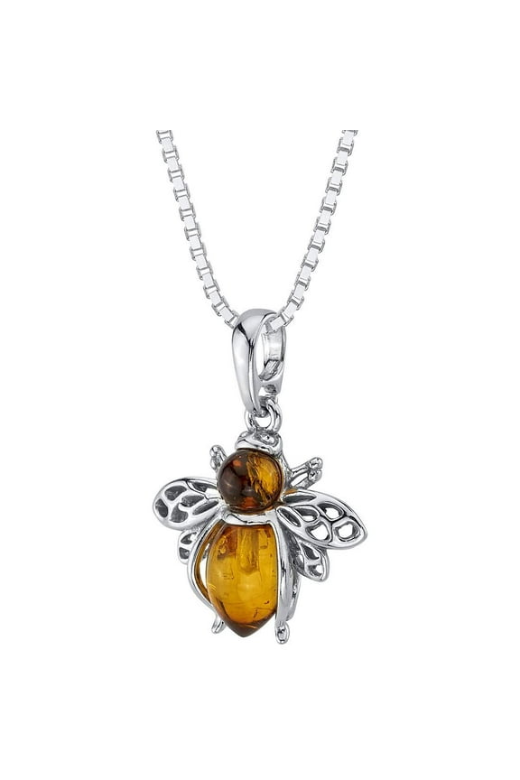 Genuine Baltic Amber Bee Pendant Necklace for Women 925 Sterling Silver, Rich Cognac Color, with 18 inch Chain