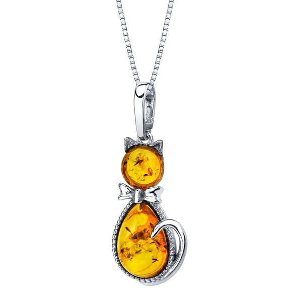 PEORA Genuine Baltic Amber Cat Pendant Necklace for Women Sterling Silver, Rich Cognac Color, with 18 inch Chain