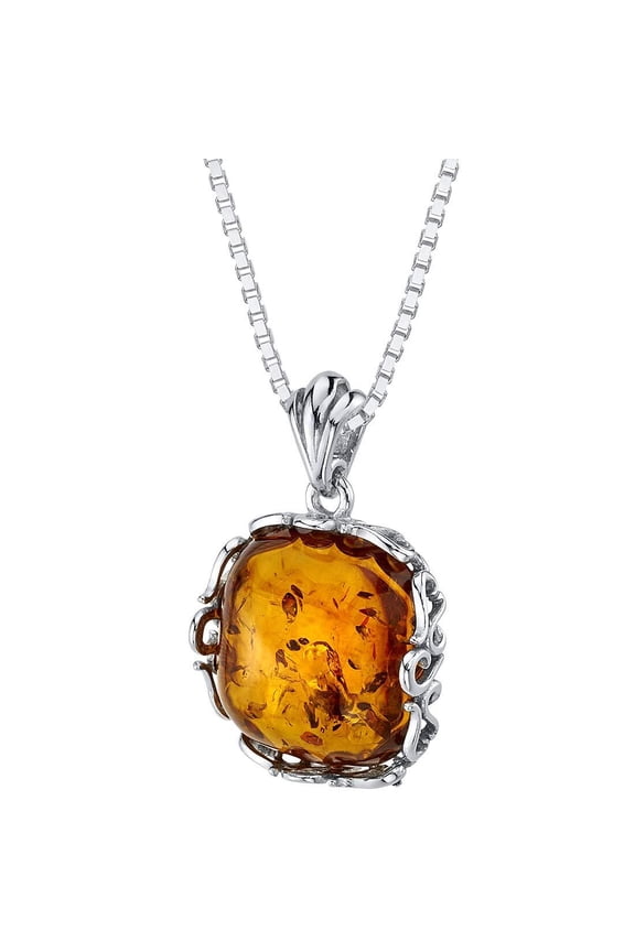 Genuine Baltic Amber Cushion Cut Pendant Necklace for Women 925 Sterling Silver, Rich Cognac Color, Designer Scroll Gallery with 18 inch Chain