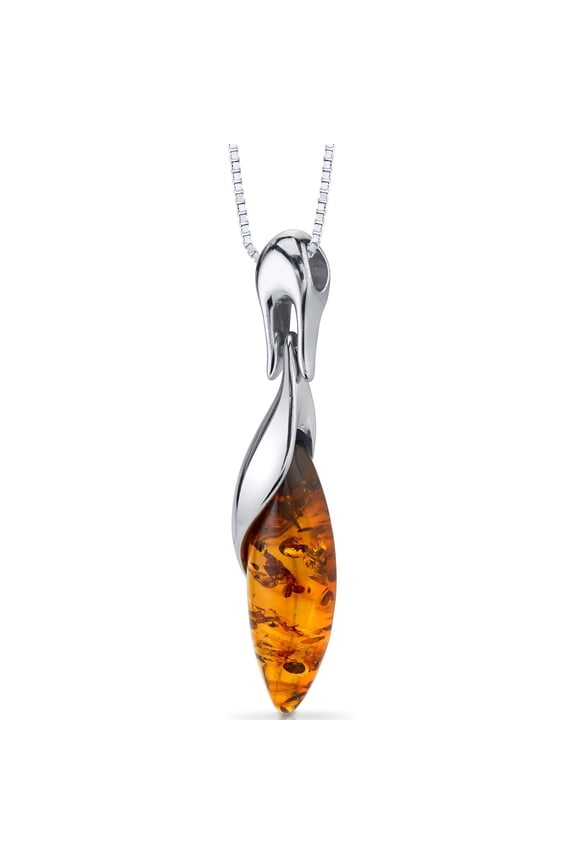 Genuine Baltic Amber Designer Drop Pendant Necklace for Women 925 Sterling Silver, Rich Cognac Color Marquise Shape, with 18 inch Chain