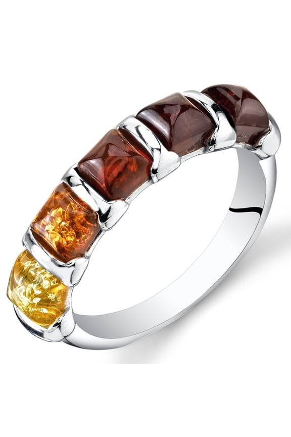 Genuine Baltic Amber Five-Stone Multicolor Half-Eternity Ring Band for Women in Sterling Silver, Comfort Fit, Size 7