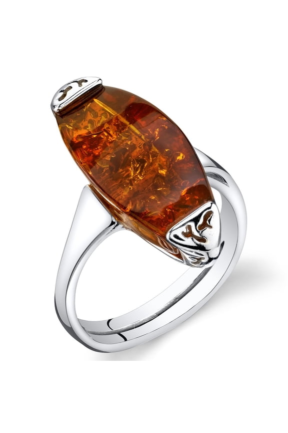 Genuine Baltic Amber Gallery Ring for Women 925 Sterling Silver, Large Statement Stone, Rich Cognac Color Size 5, Real Baltic Amber Ring for Adults, 100% Natural from Baltic Region