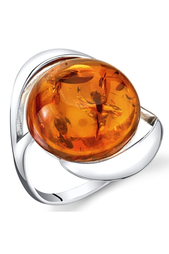 Genuine Baltic Amber Large Round Swirl Ring for Women in Sterling Silver, Rich Cognac Color, Comfort Fit, Size 5, Real Baltic Amber Ring for Adults, 100% Natural from Baltic Region