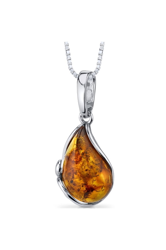 Genuine Baltic Amber Large Teardrop Pendant Necklace for Women 925 Sterling Silver, Rich Cognac Color, with 18 inch Chain