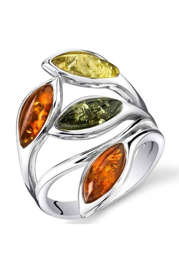 Genuine Baltic Amber Leaf Ring for Women 925 Sterling Silver, Rich Cognac, Olive Green, Honey Yellow Colors, Size 8