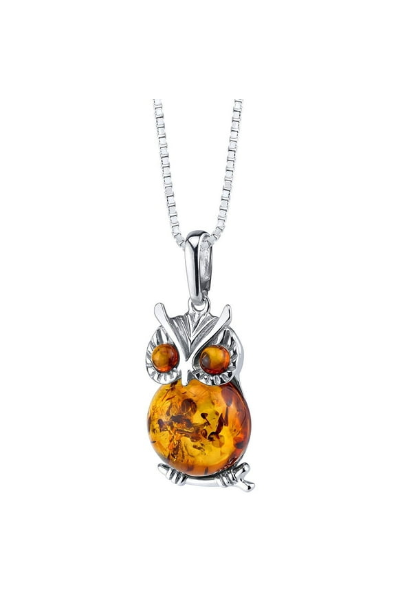 Genuine Baltic Amber Owl Pendant Necklace Sterling Silver, Rich Cognac Color, 18 inch Chain