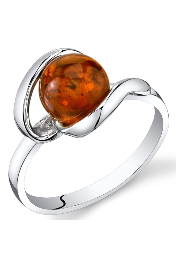 Genuine Baltic Amber Ring for Women in Sterling Silver, Rich Cognac Color, Designer Open Spiral Solitaire, Comfort Fit, Size 7