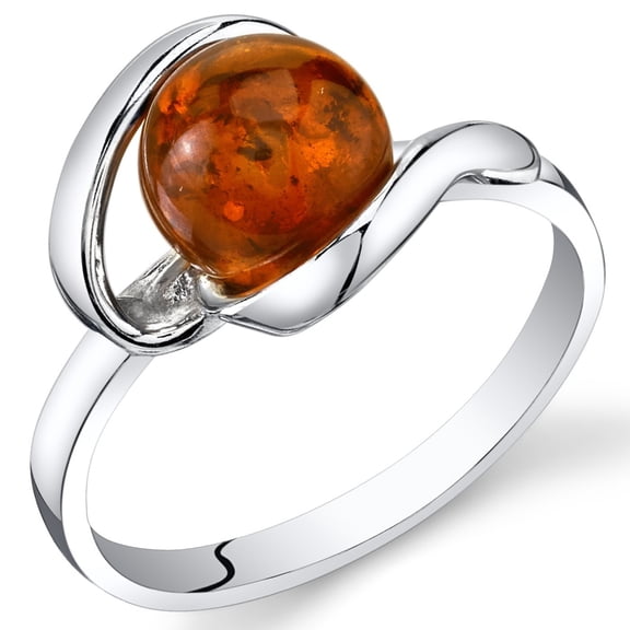 PEORA Genuine Baltic Amber Ring for Women in Sterling Silver, Rich Cognac Color, Designer Open Spiral Solitaire, Comfort Fit, Size 8