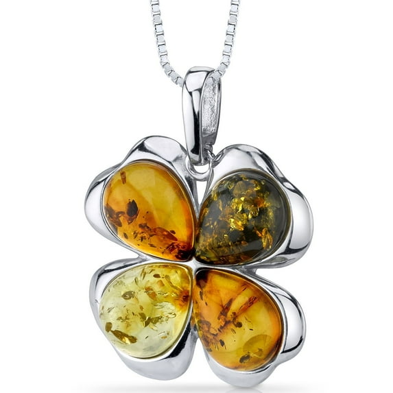 PEORA Genuine Baltic Amber Shamrock Lucky Clover Pendant Necklace for Women 925 Sterling Silver, Rich Cognac, Honey and Olive Green Colors, with 18 inch Chain
