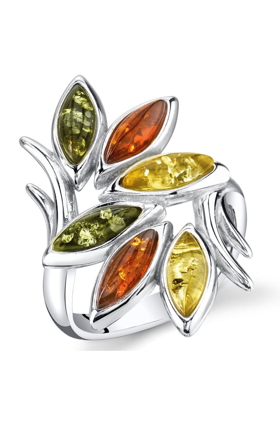 Genuine Multicolor Baltic Amber Leaf Branch Ring for Women 925 Sterling Silver, Rich Cognac, Olive Green, Honey Yellow, Size 8