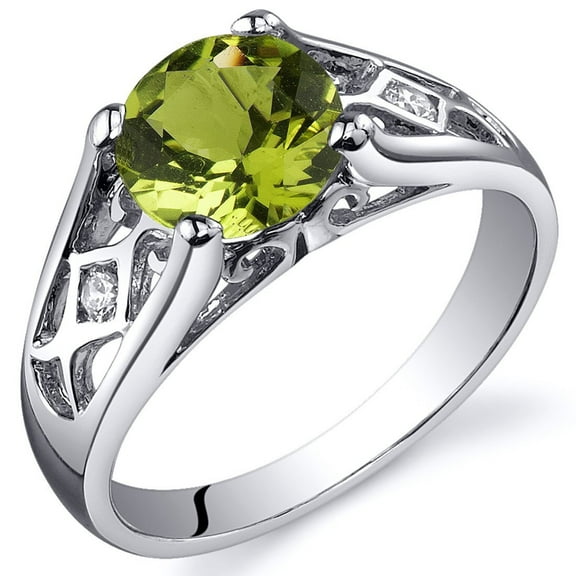 PEORA Genuine Peridot Ring for Women 925 Sterling Silver, 1.25 Carats Round Shape, Cathedral Style Solitaire, Size 6