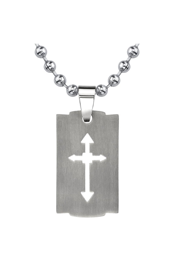 Genuine Titanium Cross Pendant Necklace for Men and Women, Sleek Razor Blade Shaped Dog Tag, Brushed Matte Finish, 18+4 inch Stainless Steel Ball Chain