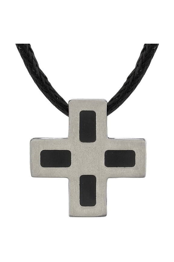 Genuine Titanium Square Cross Pendant for Men and Women, Custom Two Tone Design with Cubic Zirconia, 18+2 inch Twisted Black Cord
