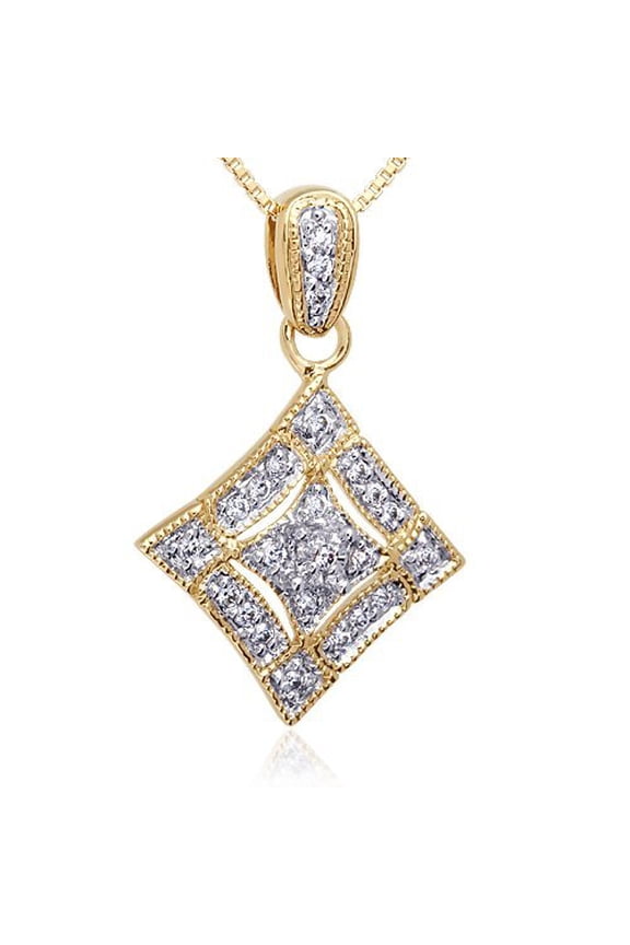 Gold-tone Sterling Silver Vintage Diamond Shaped Pendant Necklace for Women, White Cubic Zirconia, with 18 inch Chain
