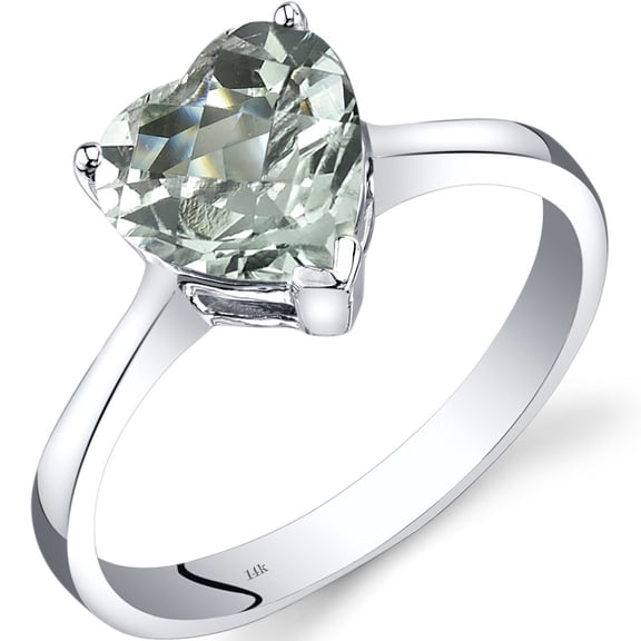 PEORA Green Amethyst Classic Heart Solitaire Ring for Women 14K White Gold, Genuine Gemstone, 1.50 Carats Heart Shape 8mm