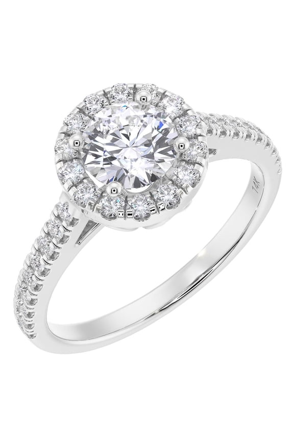 Lab Grown Diamond Halo Engagement Ring in 14K White Gold, 1.20 Carats total, Round Brilliant, F-G Color, VS Clarity, Size 8.5