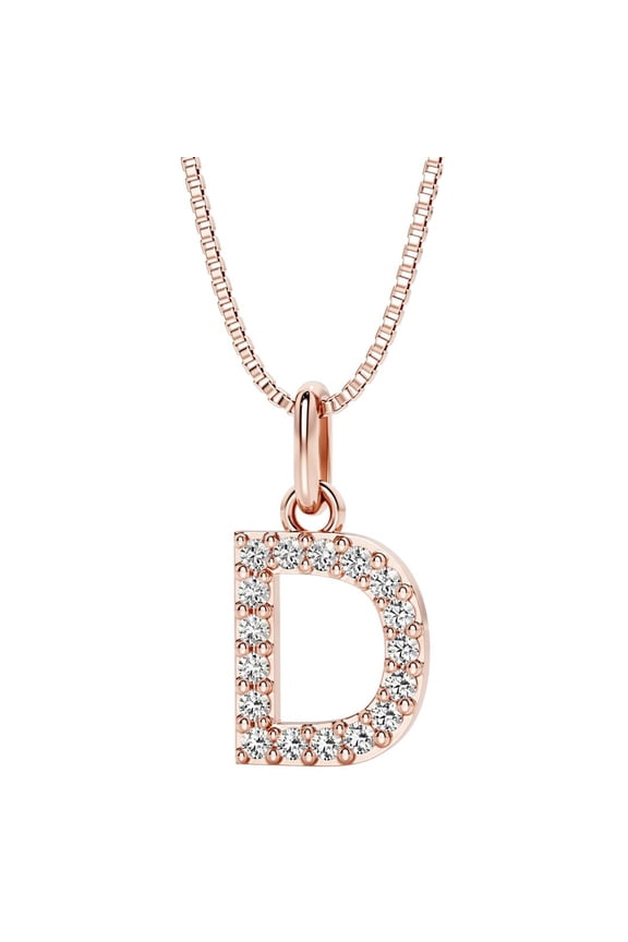 Lab Grown Diamond Initial Pendant Necklace Letter D in 14K Rose Gold Plated Sterling Silver, F-G Color, VS Clarity, with 18 inch Chain