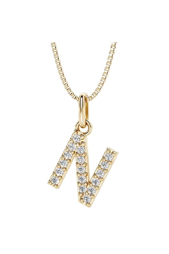 Lab Grown Diamond Initial Pendant Necklace Letter N in 14K Yellow Gold Plated Sterling Silver, F-G Color, VS Clarity, with 18 inch Chain