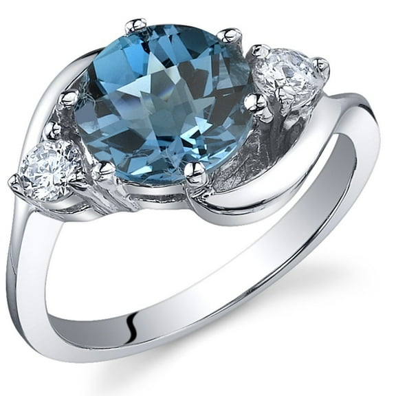 PEORA London Blue Topaz 3-Stone Ring for Women 925 Sterling Silver, Natural Gemstone, 2.25 Carats Round Shape 8mm, Size 7
